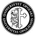 Logo Uniwersytetu Opolskiego. Na czarnej obwódce napis na górze Uniwersytet Opolski