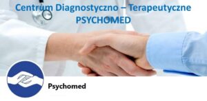 Na górze napis Centrum Diagnostyczno Terapeutyczne Psychomed,a pod nim na niebieskim kle w kółku dwie dłonie jedna nad drugą